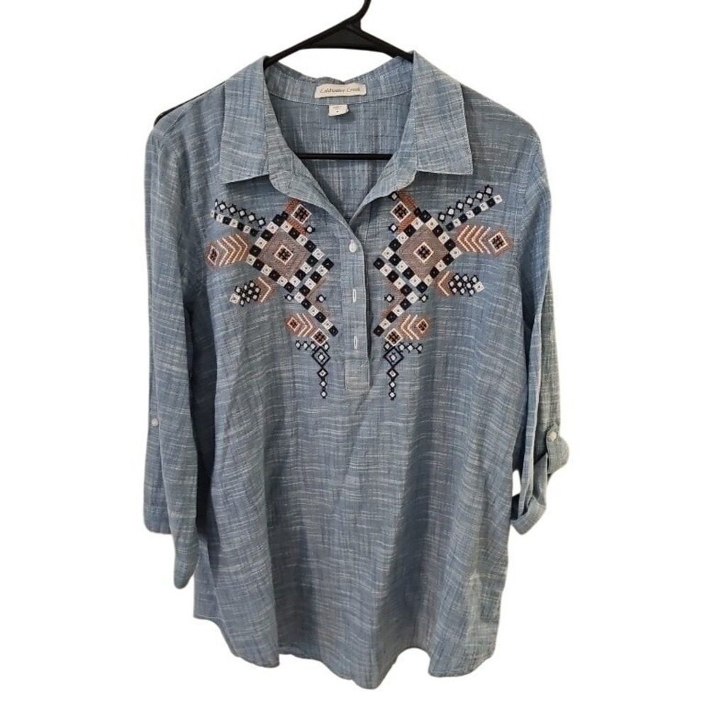 Coldwater Creek Blue Chambray Embroidered Tunic Top Roll Tab Sleeve Womens M